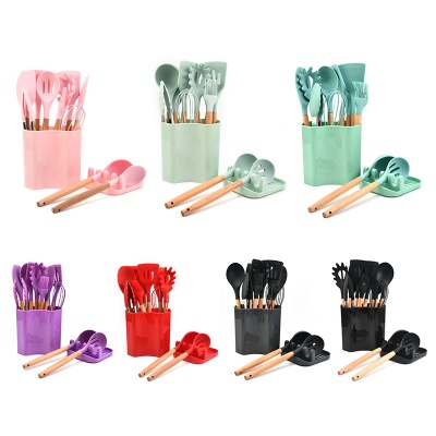 工厂直供跨境 木柄硅 胶厨具13件套家用厨房烹饪用具铲勺锅铲汤勺