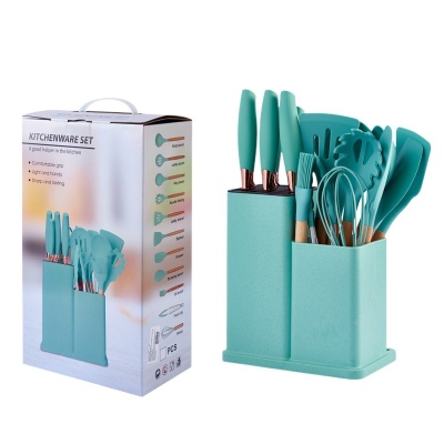 硅胶厨具19件套收纳桶装木柄厨具套装厨房用品厨刀套装彩色刀具