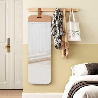 家逸实木壁挂穿衣镜贴墙全身镜女生卧室试衣服镜子挂衣架一体镜子