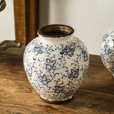 复古斑驳做旧青花瓷花瓶大陶瓷摆件创意客厅水养插花高级感新中式