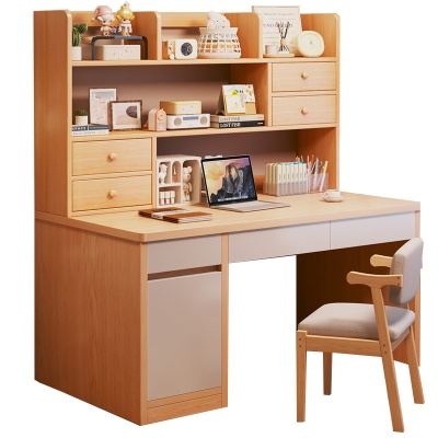 实木生态板书桌学生家用卧室学习写字桌现代简约一体带书柜电脑桌