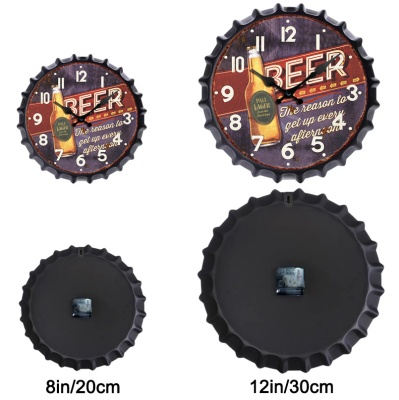 跨境热卖12英寸新款复古啤酒盖瓶盖形状挂钟用于家居装饰时钟