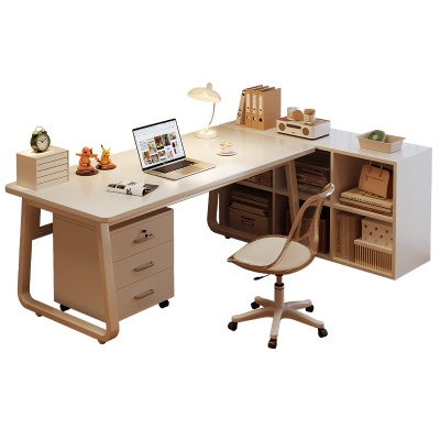 电脑桌家用极简办公桌女生卧室奶油风化妆桌子文件柜书架组合书桌