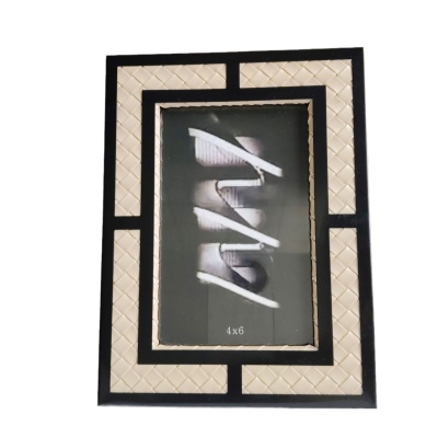 黑色铁框镶嵌现代简约编织纹皮革相框 样板房软装皮革相框摆台摆