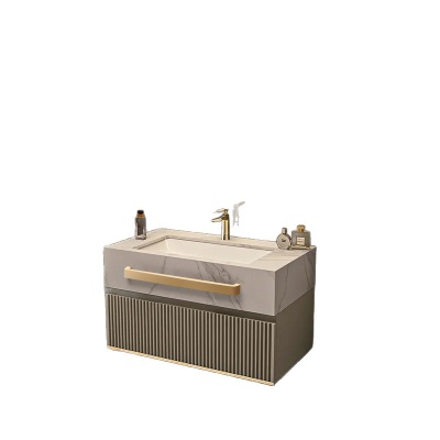 简约轻奢金属脚落地式浴室柜组合镜柜led灯岩板一体盆洗漱台洗手